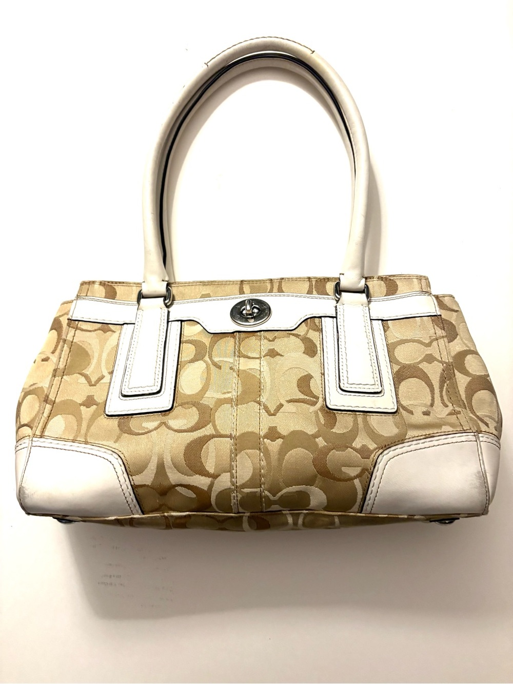 COACH Vintage Signature Hamptons Optic Madeleine Satchel Handbag, white/tan
